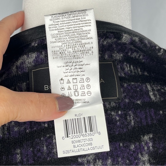 BCBG MAXAZRIA Cape Wrap Shawl Black Gray Purple W/Leather Trim Winter Travel OS - Picture 11 of 11